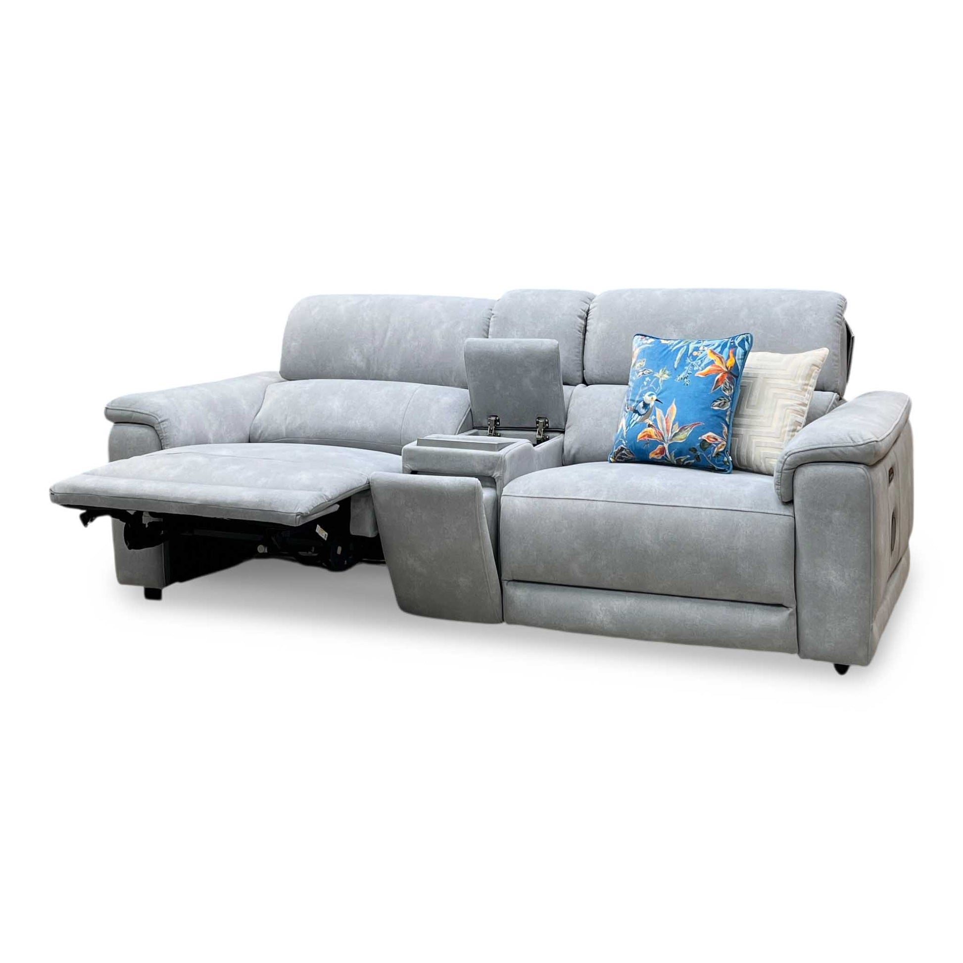 'Genius' Dexter Smoke Grey Velvet Fabric 3 Seater Power Recliner Media Sofa with Power Headrest, Power Lumbar and Bluetooth Speakers Furniture Village