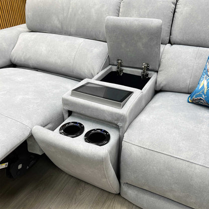 'Genius' Dexter Smoke Grey Velvet Fabric 3 Seater Power Recliner Media Sofa with Power Headrest, Power Lumbar and Bluetooth Speakers Furniture Village