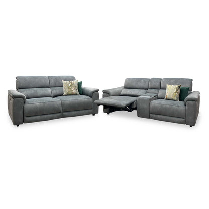 ‘Genius’ Dexter Moss Green Velvet Fabric 3 Seater Power Recliner + 3 Seater Power Recliner Media Sofa Set with Power Headrest, Power Lumbar and Bluetooth Speakers Furniture Village