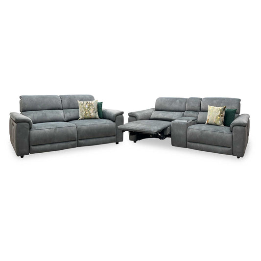 ‘Genius’ Dexter Moss Green Velvet Fabric 3 Seater Power Recliner + 3 Seater Power Recliner Media Sofa Set with Power Headrest, Power Lumbar and Bluetooth Speakers Furniture Village