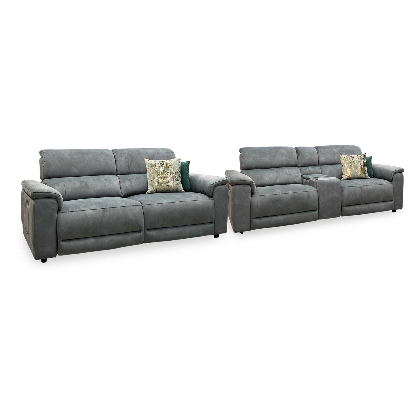 ‘Genius’ Dexter Moss Green Velvet Fabric 3 Seater Power Recliner + 3 Seater Power Recliner Media Sofa Set with Power Headrest, Power Lumbar and Bluetooth Speakers Furniture Village