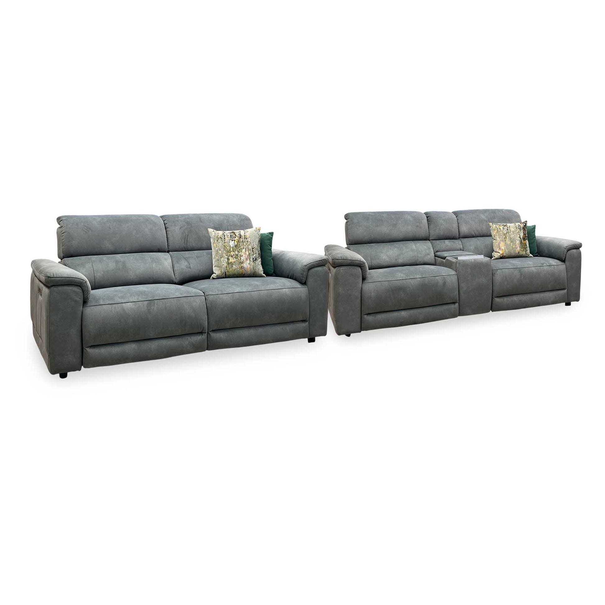 ‘Genius’ Dexter Moss Green Velvet Fabric 3 Seater Power Recliner + 3 Seater Power Recliner Media Sofa Set with Power Headrest, Power Lumbar and Bluetooth Speakers Furniture Village