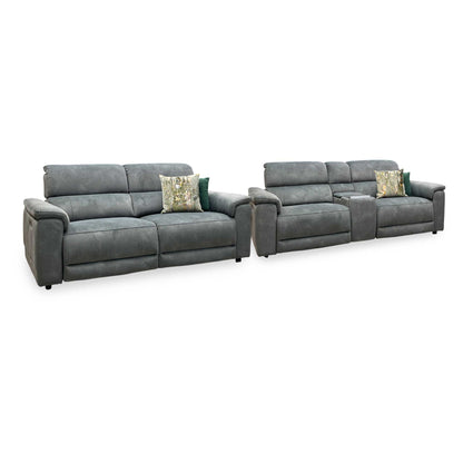 ‘Genius’ Dexter Moss Green Velvet Fabric 3 Seater Power Recliner + 3 Seater Power Recliner Media Sofa Set with Power Headrest, Power Lumbar and Bluetooth Speakers Furniture Village