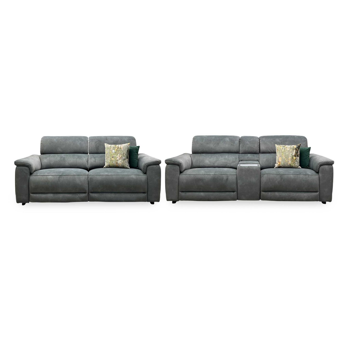 ‘Genius’ Dexter Moss Green Velvet Fabric 3 Seater Power Recliner + 3 Seater Power Recliner Media Sofa Set with Power Headrest, Power Lumbar and Bluetooth Speakers Furniture Village