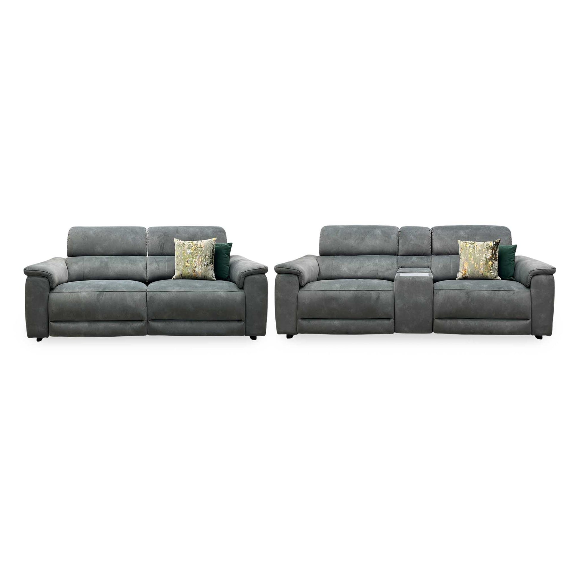 ‘Genius’ Dexter Moss Green Velvet Fabric 3 Seater Power Recliner + 3 Seater Power Recliner Media Sofa Set with Power Headrest, Power Lumbar and Bluetooth Speakers Furniture Village