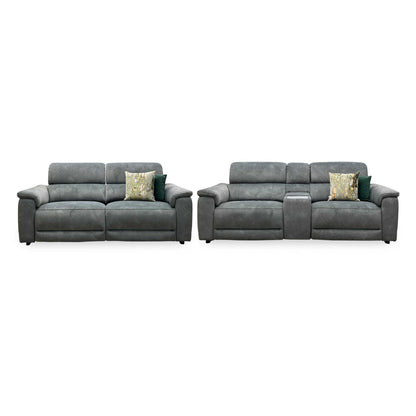 ‘Genius’ Dexter Moss Green Velvet Fabric 3 Seater Power Recliner + 3 Seater Power Recliner Media Sofa Set with Power Headrest, Power Lumbar and Bluetooth Speakers Furniture Village