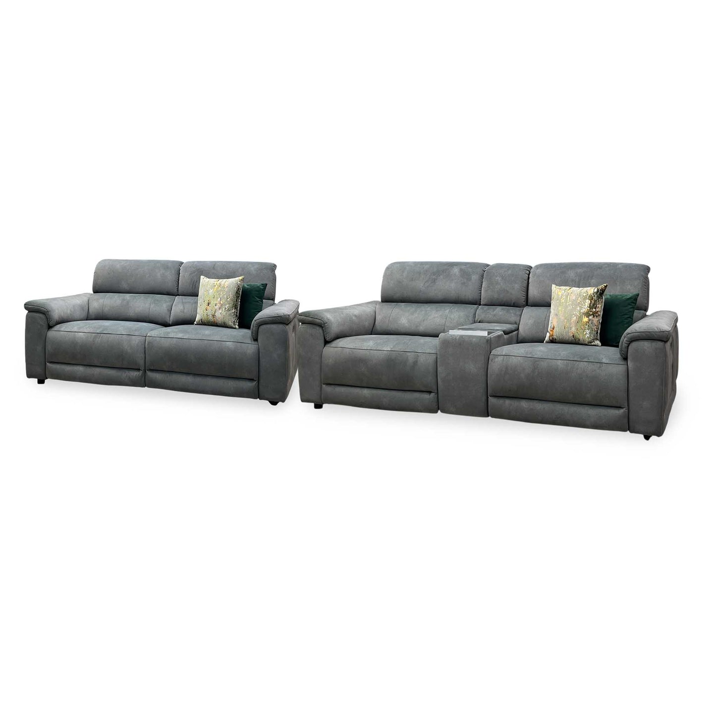 ‘Genius’ Dexter Moss Green Velvet Fabric 3 Seater Power Recliner + 3 Seater Power Recliner Media Sofa Set with Power Headrest, Power Lumbar and Bluetooth Speakers Furniture Village