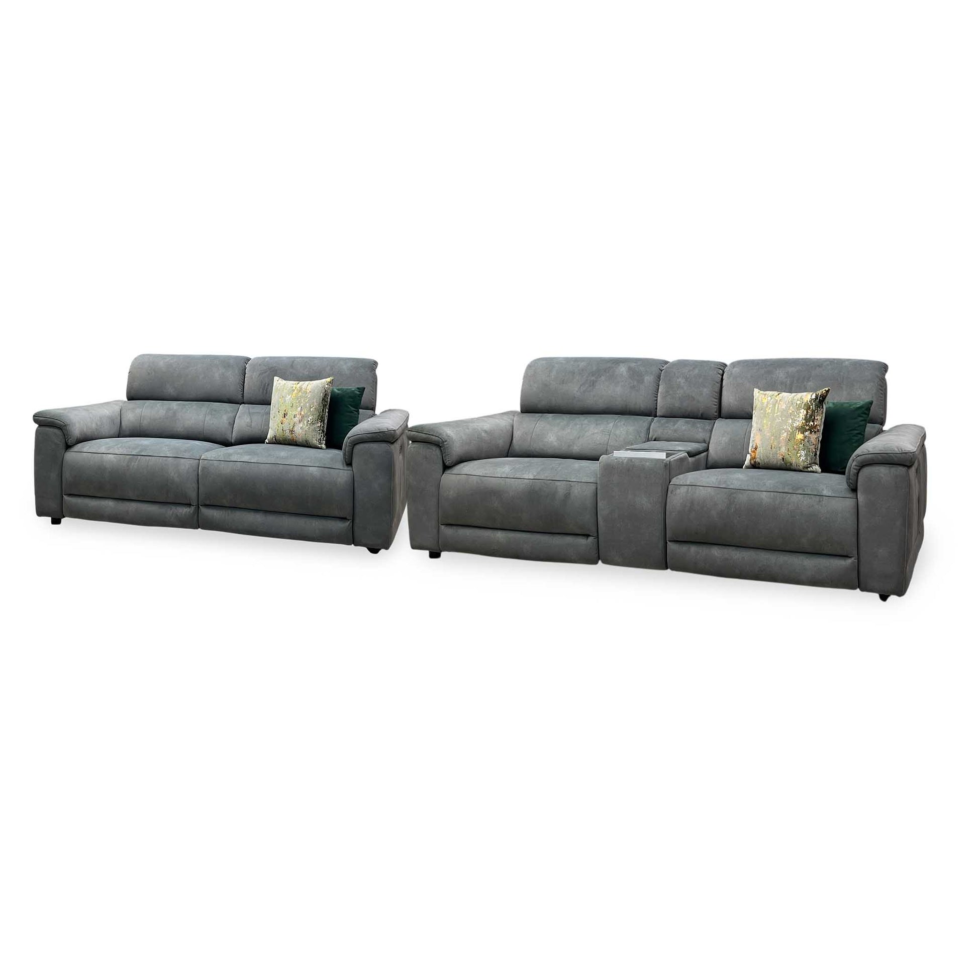 ‘Genius’ Dexter Moss Green Velvet Fabric 3 Seater Power Recliner + 3 Seater Power Recliner Media Sofa Set with Power Headrest, Power Lumbar and Bluetooth Speakers Furniture Village