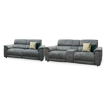 ‘Genius’ Dexter Moss Green Velvet Fabric 3 Seater Power Recliner + 3 Seater Power Recliner Media Sofa Set with Power Headrest, Power Lumbar and Bluetooth Speakers Furniture Village