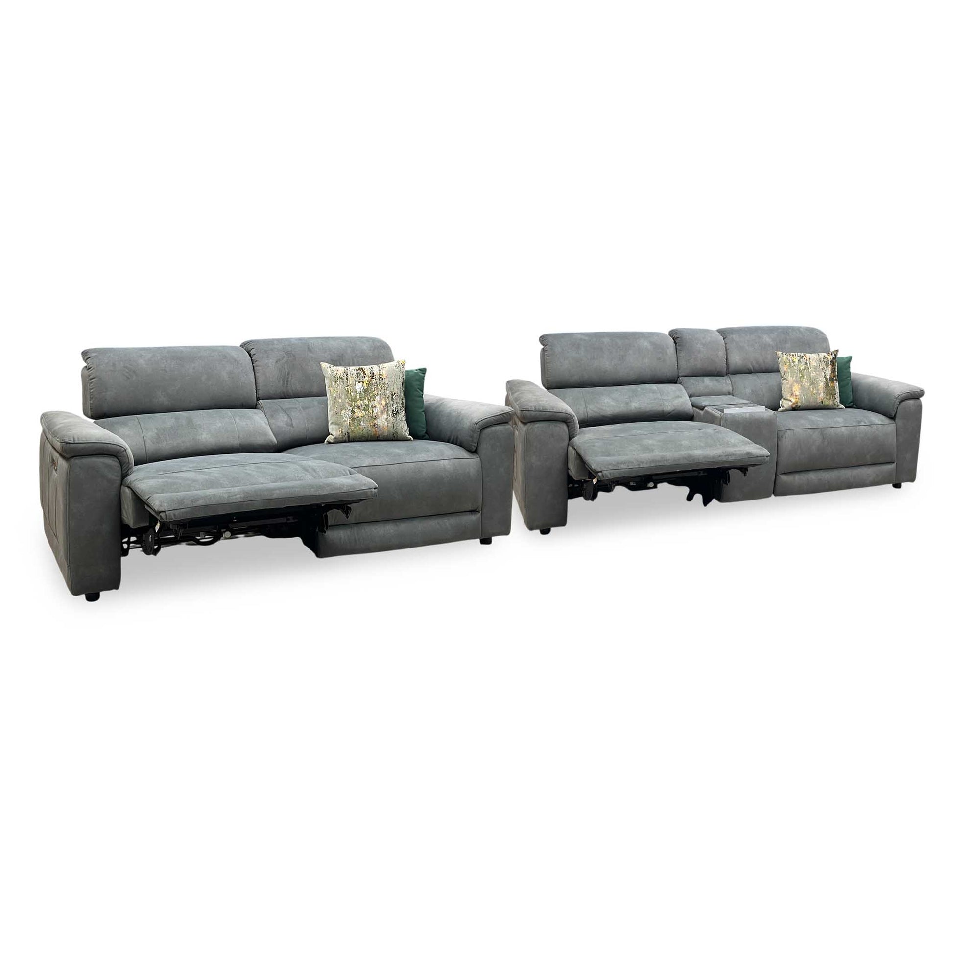 ‘Genius’ Dexter Moss Green Velvet Fabric 3 Seater Power Recliner + 3 Seater Power Recliner Media Sofa Set with Power Headrest, Power Lumbar and Bluetooth Speakers Furniture Village