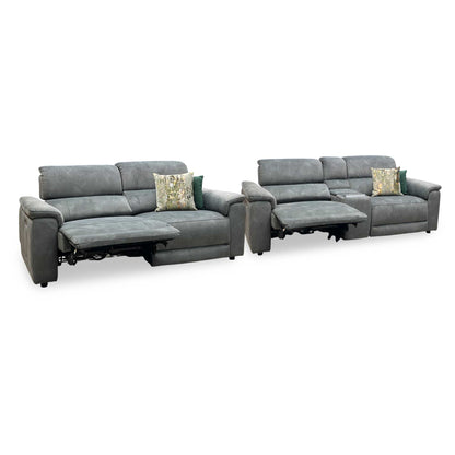 ‘Genius’ Dexter Moss Green Velvet Fabric 3 Seater Power Recliner + 3 Seater Power Recliner Media Sofa Set with Power Headrest, Power Lumbar and Bluetooth Speakers Furniture Village