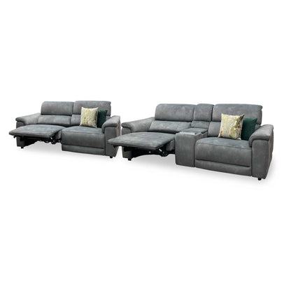 ‘Genius’ Dexter Moss Green Velvet Fabric 3 Seater Power Recliner + 3 Seater Power Recliner Media Sofa Set with Power Headrest, Power Lumbar and Bluetooth Speakers Furniture Village