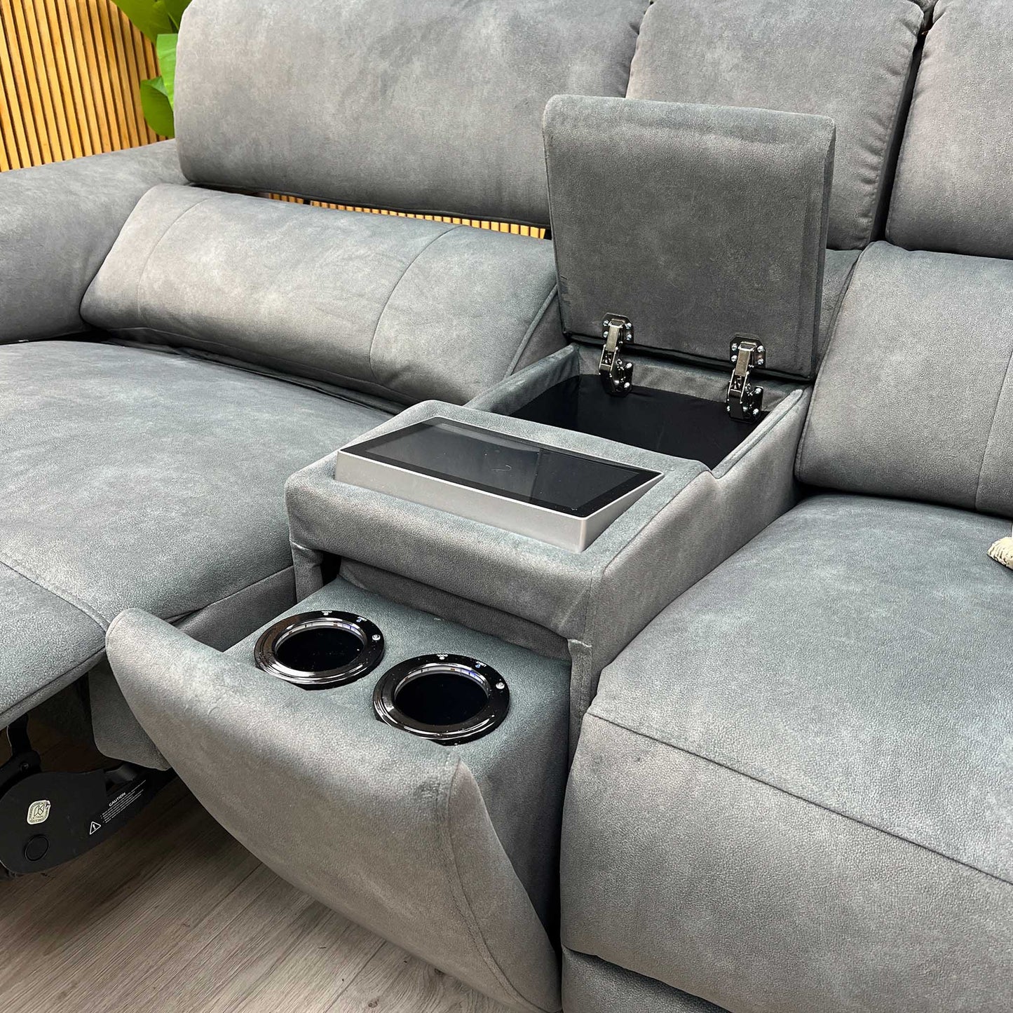 ‘Genius’ Dexter Moss Green Velvet Fabric 3 Seater Power Recliner + 3 Seater Power Recliner Media Sofa Set with Power Headrest, Power Lumbar and Bluetooth Speakers Furniture Village