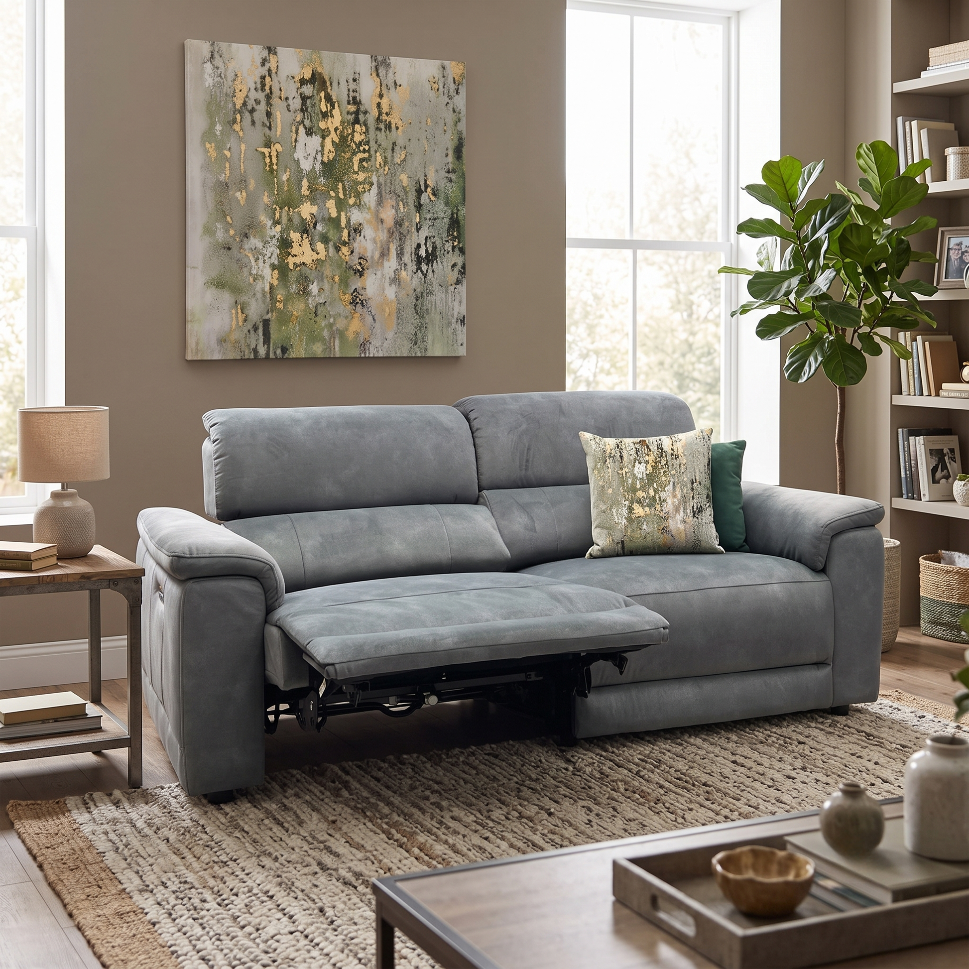 ‘Genius’ Dexter Moss Green Velvet Fabric 3 Seater Power Recliner Sofa with Power Headrests Furniture Village