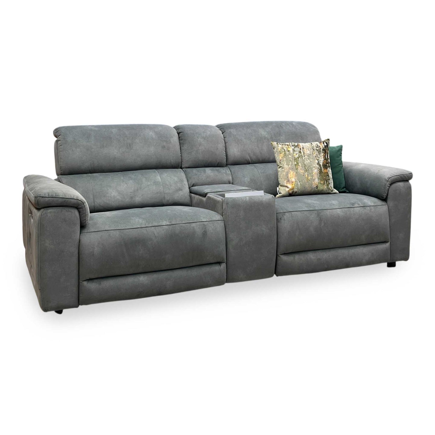 'Genius' Dexter Moss Green Velvet Fabric 3 Seater Power Recliner Media Sofa with Power Headrest, Power Lumbar and Bluetooth Speakers Furniture Village