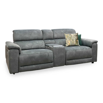 'Genius' Dexter Moss Green Velvet Fabric 3 Seater Power Recliner Media Sofa with Power Headrest, Power Lumbar and Bluetooth Speakers Furniture Village