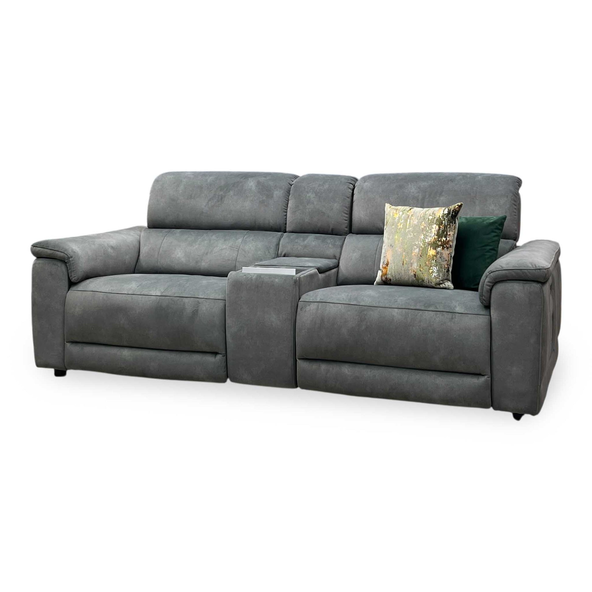 'Genius' Dexter Moss Green Velvet Fabric 3 Seater Power Recliner Media Sofa with Power Headrest, Power Lumbar and Bluetooth Speakers Furniture Village