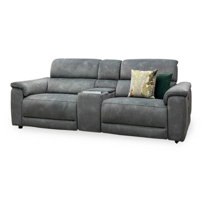 'Genius' Dexter Moss Green Velvet Fabric 3 Seater Power Recliner Media Sofa with Power Headrest, Power Lumbar and Bluetooth Speakers Furniture Village