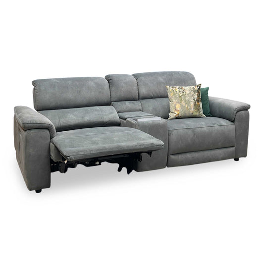 'Genius' Dexter Moss Green Velvet Fabric 3 Seater Power Recliner Media Sofa with Power Headrest, Power Lumbar and Bluetooth Speakers Furniture Village
