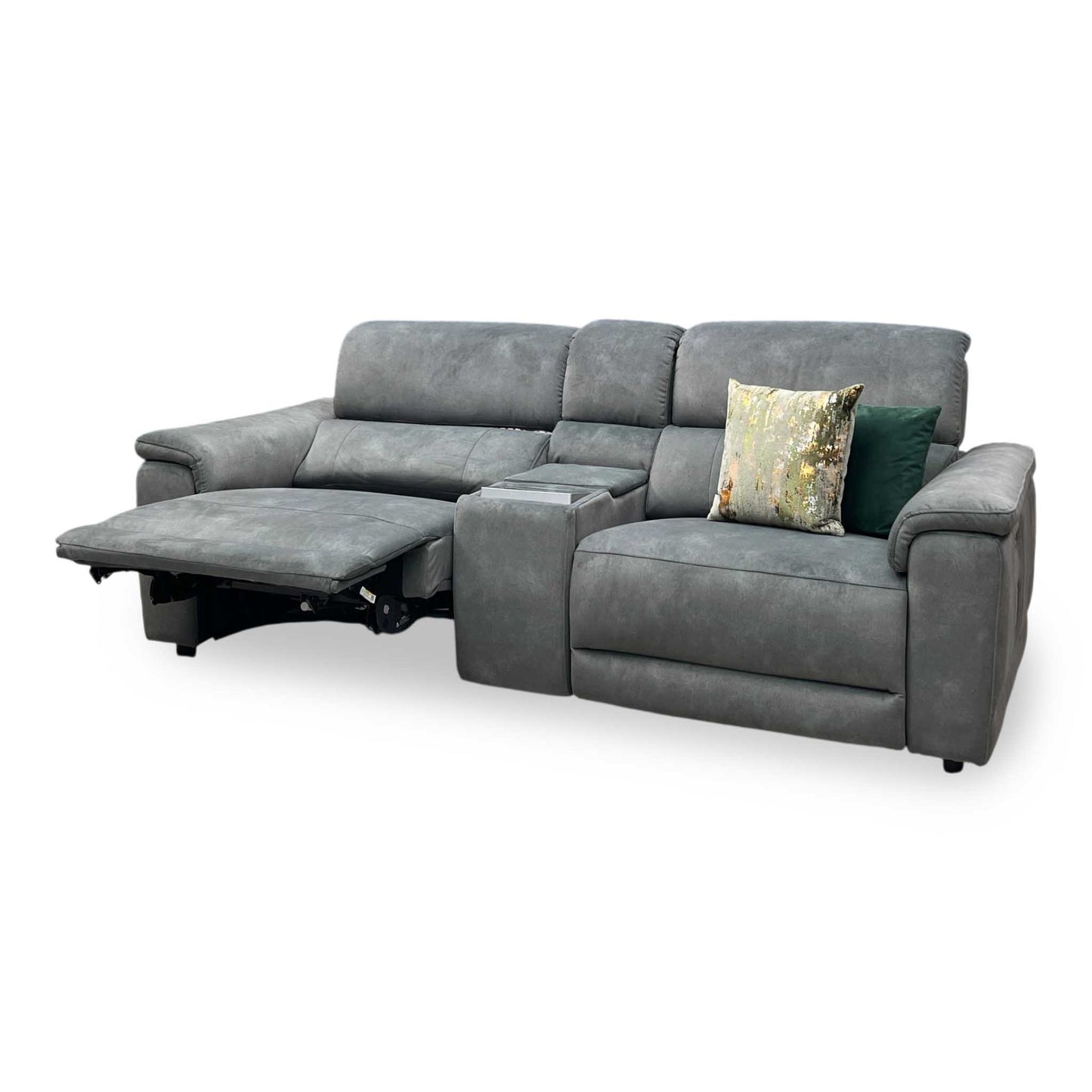 'Genius' Dexter Moss Green Velvet Fabric 3 Seater Power Recliner Media Sofa with Power Headrest, Power Lumbar and Bluetooth Speakers Furniture Village