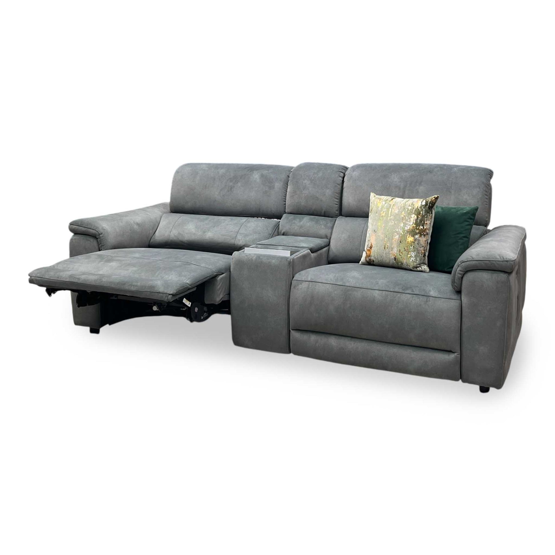 'Genius' Dexter Moss Green Velvet Fabric 3 Seater Power Recliner Media Sofa with Power Headrest, Power Lumbar and Bluetooth Speakers Furniture Village