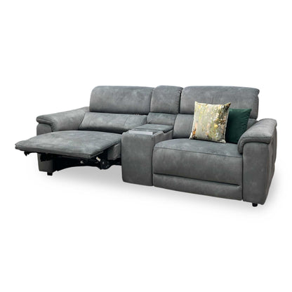 'Genius' Dexter Moss Green Velvet Fabric 3 Seater Power Recliner Media Sofa with Power Headrest, Power Lumbar and Bluetooth Speakers Furniture Village
