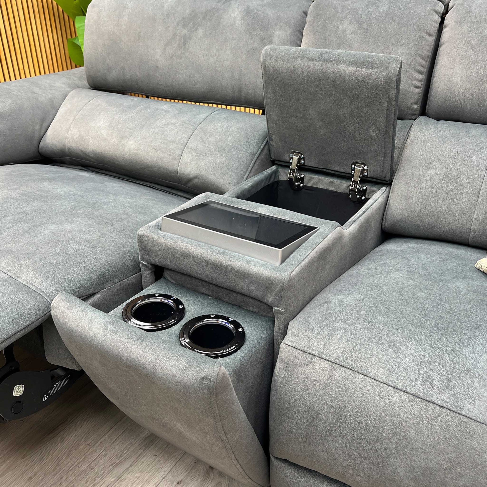 'Genius' Dexter Moss Green Velvet Fabric 3 Seater Power Recliner Media Sofa with Power Headrest, Power Lumbar and Bluetooth Speakers Furniture Village