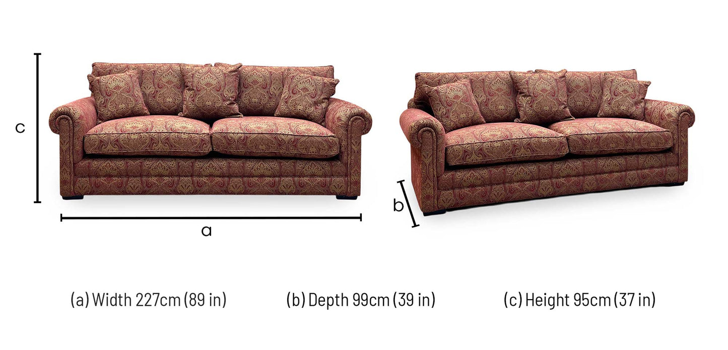Parker Knoll The Derwent Collection ‘Bradwell’ Red and Yellow Patterned Fabric 3 Seater Classic Back Sofa Furniture Village