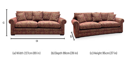 Parker Knoll The Derwent Collection ‘Bradwell’ Red and Yellow Patterned Fabric 3 Seater Classic Back Sofa Furniture Village