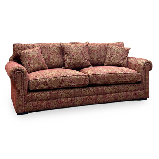 Parker Knoll The Derwent Collection ‘Bradwell’ Red and Yellow Patterned Fabric 3 Seater Classic Back Sofa Furniture Village