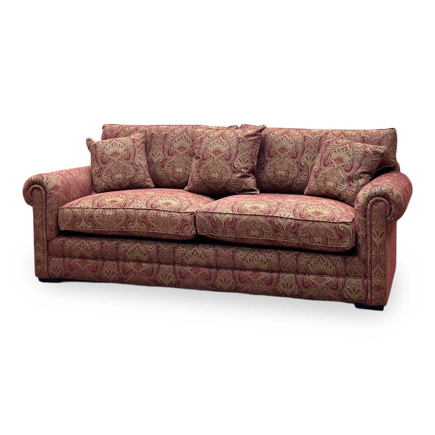 Parker Knoll The Derwent Collection ‘Bradwell’ Red and Yellow Patterned Fabric 3 Seater Classic Back Sofa Furniture Village