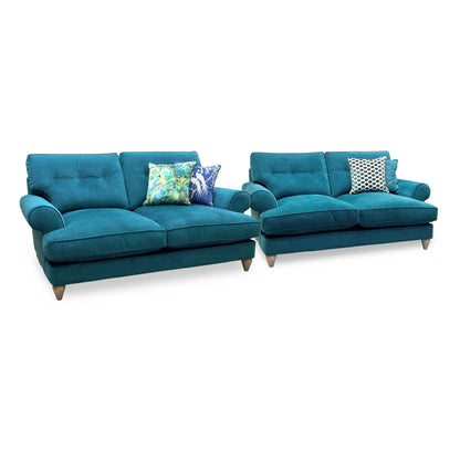 The Lounge Co. ‘Bronwyn’ Eve259 Evening Teal Velvet Fabric 2.5 + 2.5 Seater Classic Back Sofa Set Furniture Village
