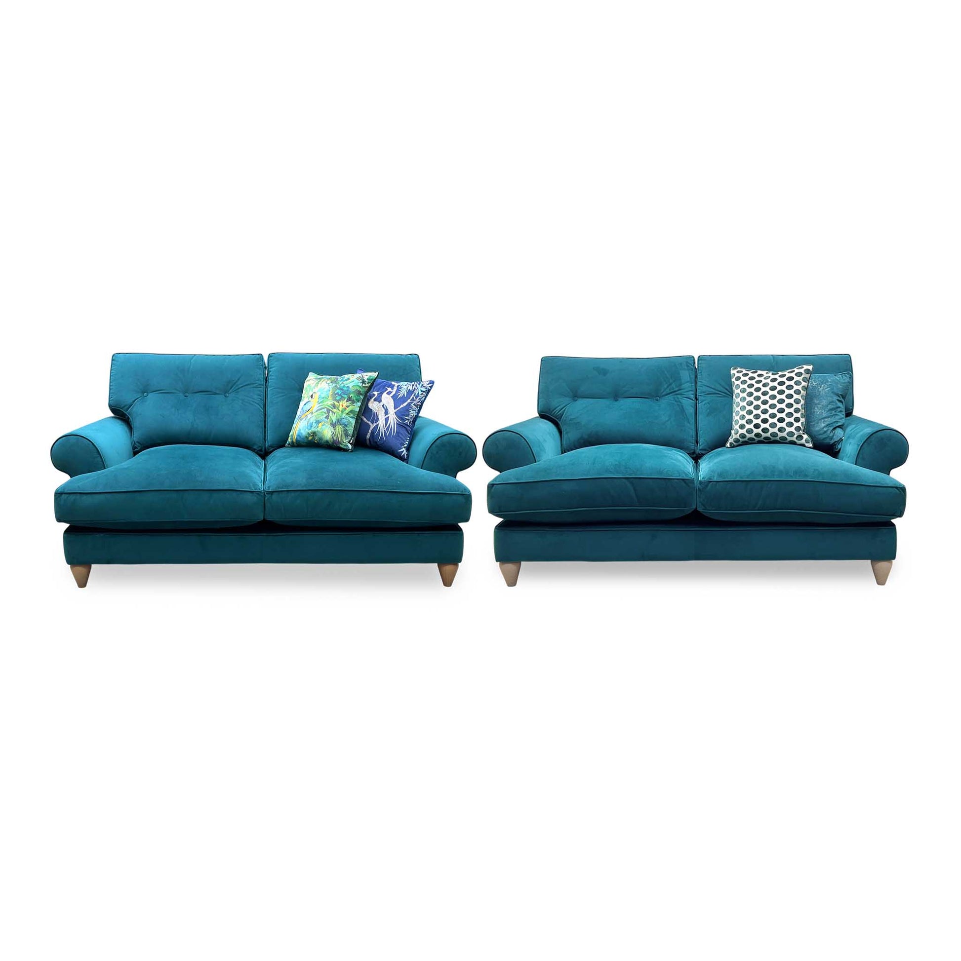 The Lounge Co. ‘Bronwyn’ Eve259 Evening Teal Velvet Fabric 2.5 + 2.5 Seater Classic Back Sofa Set Furniture Village