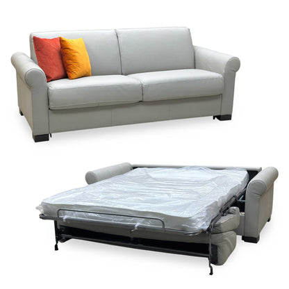 Nicoletti ‘Alcova’ Torello Tortora 328 Grey Leather 3 Seater Sofa Bed Scroll Arms Furniture Village