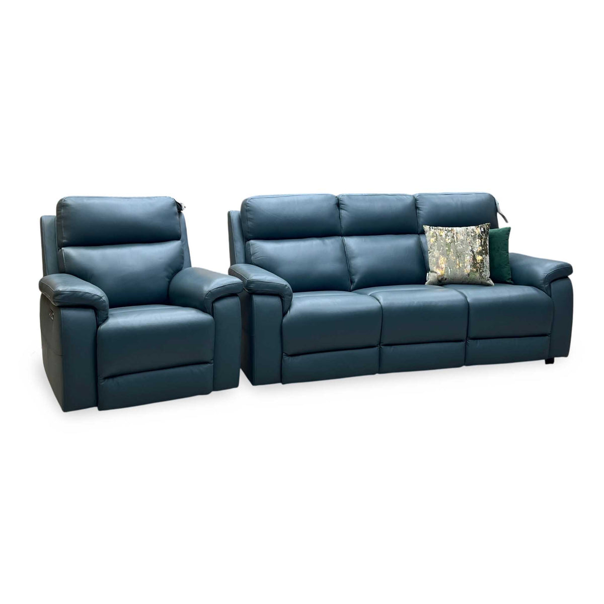 ‘Raven’ Oslo Peacock Green Leather 3 Seater Sofa + Power Chair Furniture Village