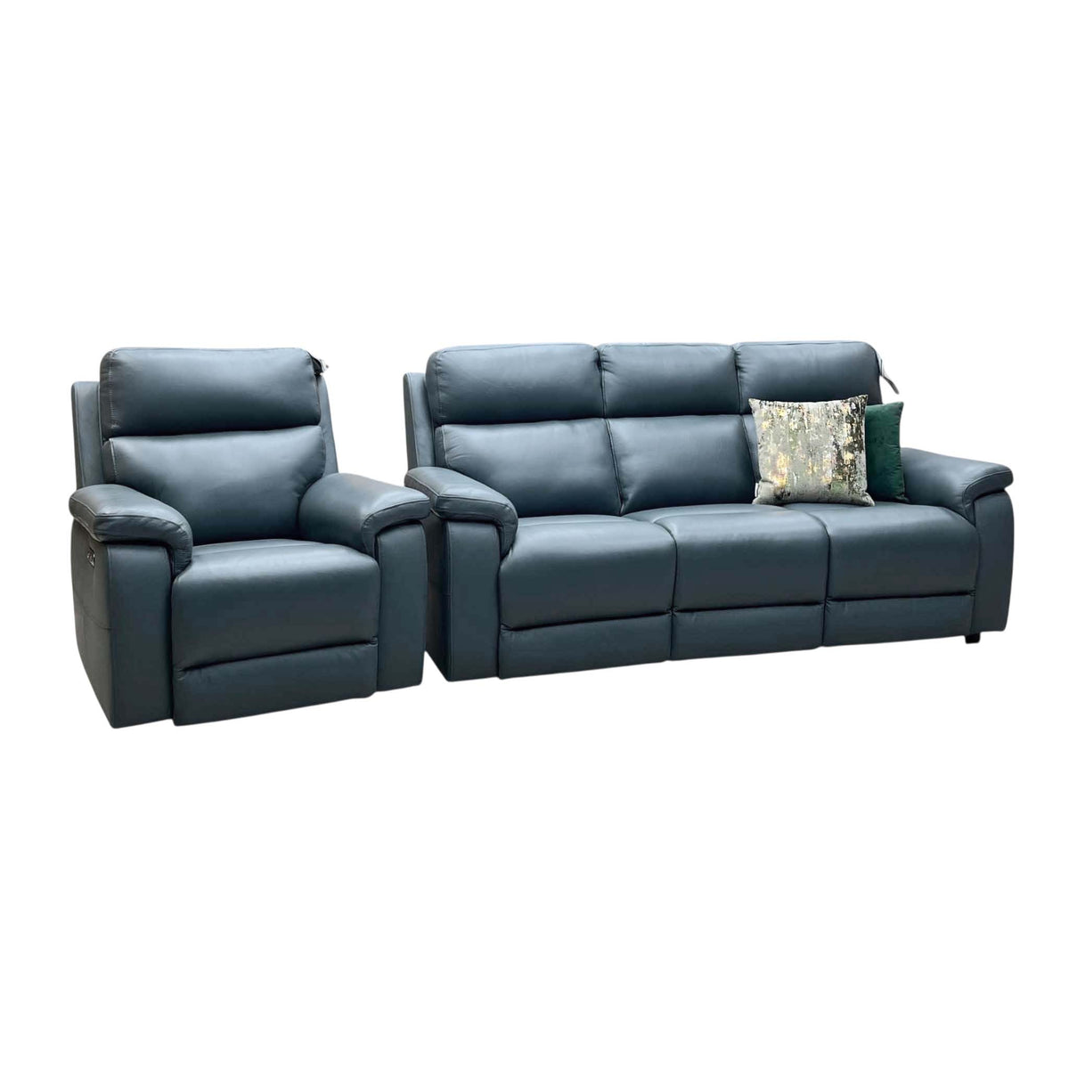 Raven peacock green leather 3 seater sofa and power chair upright, angled view with scatter cushions