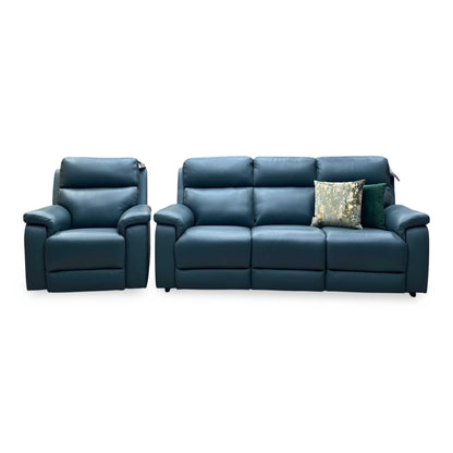 ‘Raven’ Oslo Peacock Green Leather 3 Seater Sofa + Power Chair Furniture Village