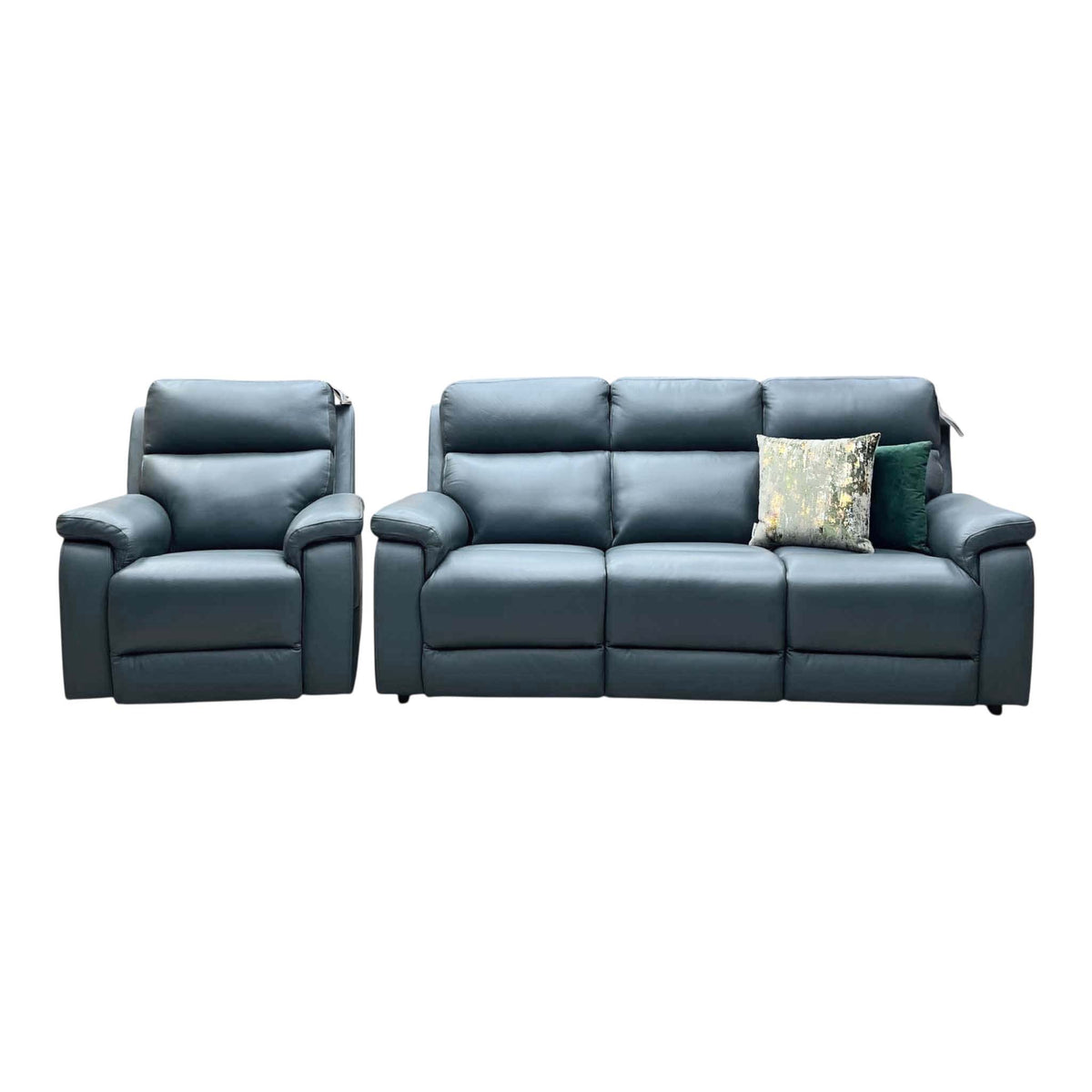 Front view of the Raven peacock green leather 3 seater sofa and power chair with padded headrests