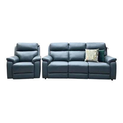 Front view of the Raven peacock green leather 3 seater sofa and power chair with padded headrests