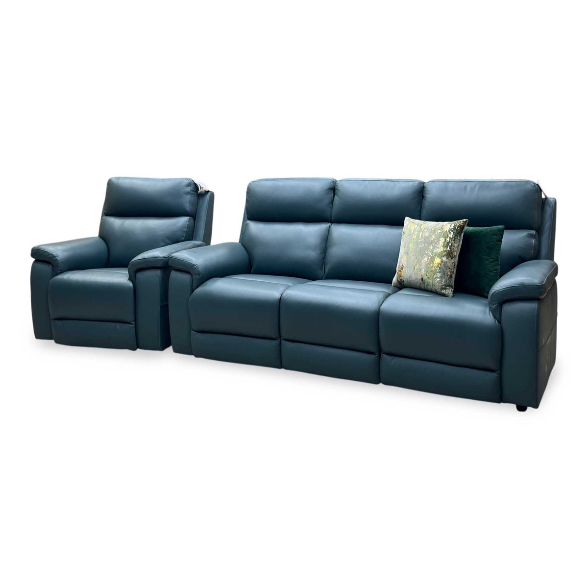 ‘Raven’ Oslo Peacock Green Leather 3 Seater Sofa + Power Chair Furniture Village