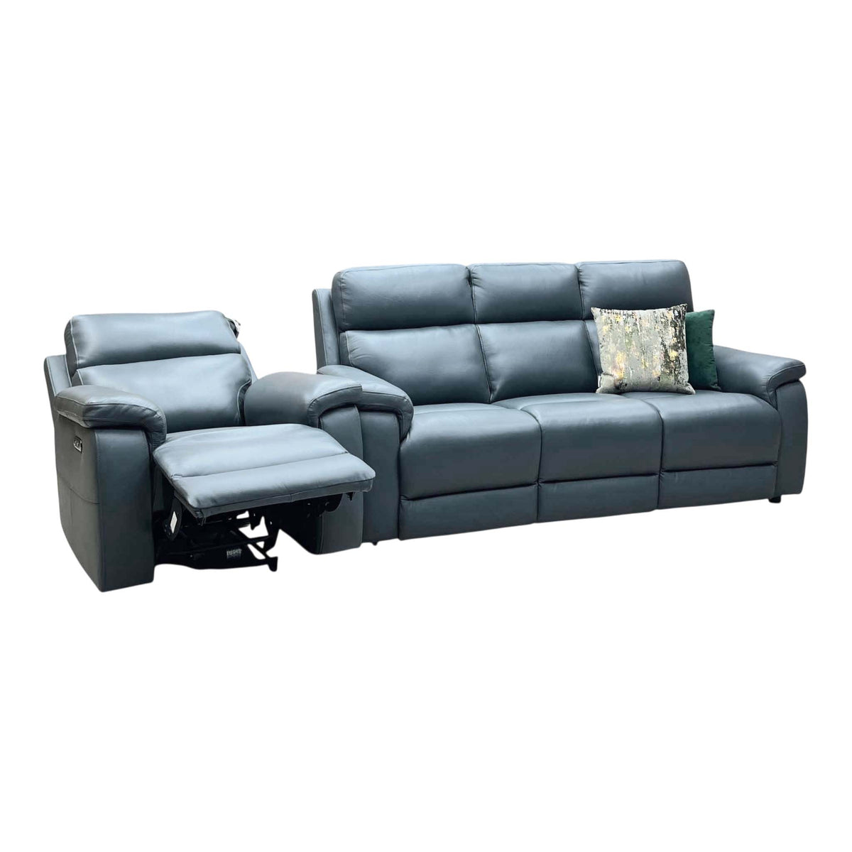 Raven peacock green leather 3 seater sofa and power chair, chair shown reclined with footrest raised