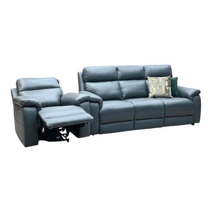 Raven peacock green leather 3 seater sofa and power chair, chair shown reclined with footrest raised