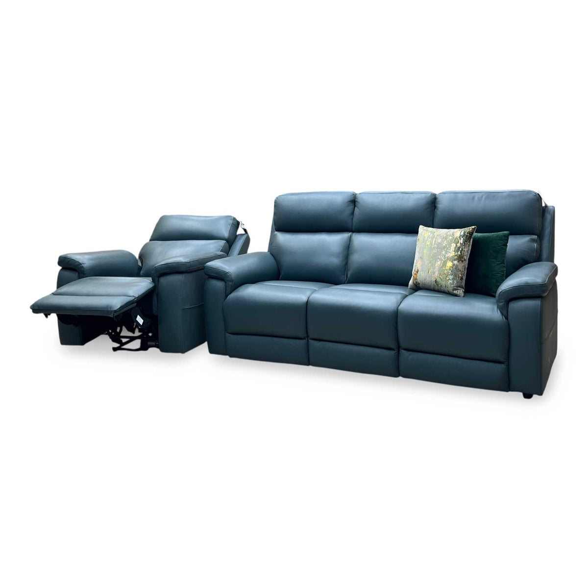 ‘Raven’ Oslo Peacock Green Leather 3 Seater Sofa + Power Chair Furniture Village