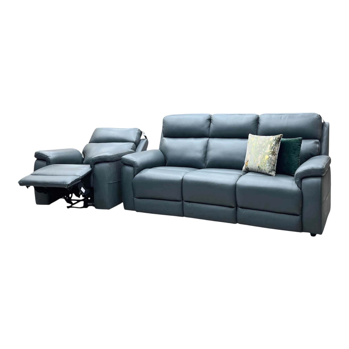 Raven peacock green leather 3 seater sofa and power chair angled from the left, chair reclined
