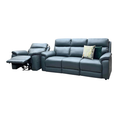 Raven peacock green leather 3 seater sofa and power chair angled from the left, chair reclined