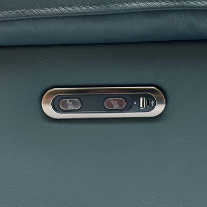 Close-up of the power recline buttons and USB port on the Raven peacock green leather power chair