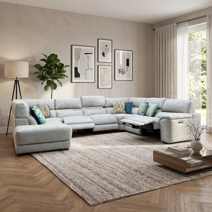 ‘Nova’ Bfa-Bey-R18 Beige Suede Fabric XL Power Recliner Left Hand Facing Chaise End Corner Sofa Furniture Village