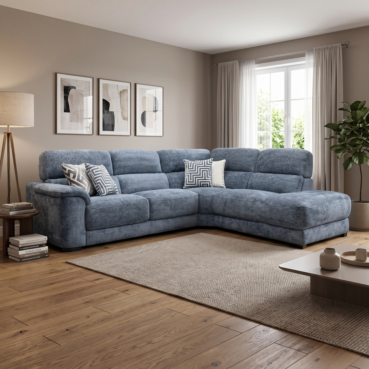 ‘Nova' Blue Woven Fabric Right Hand Facing Corner Chaise End Sofa
