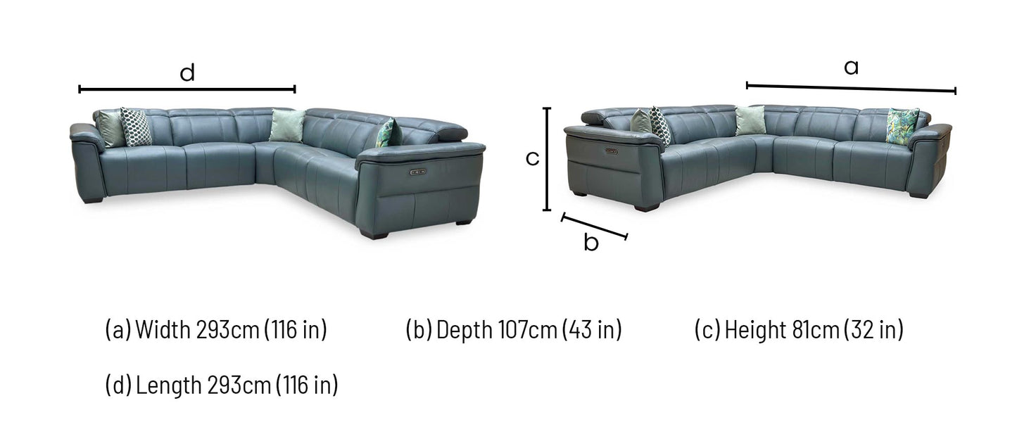 ‘Inca’ Cat-40_09 Peacock Green Leather Large Power Recliner Corner Sofa with Power Headrests Furniture Village