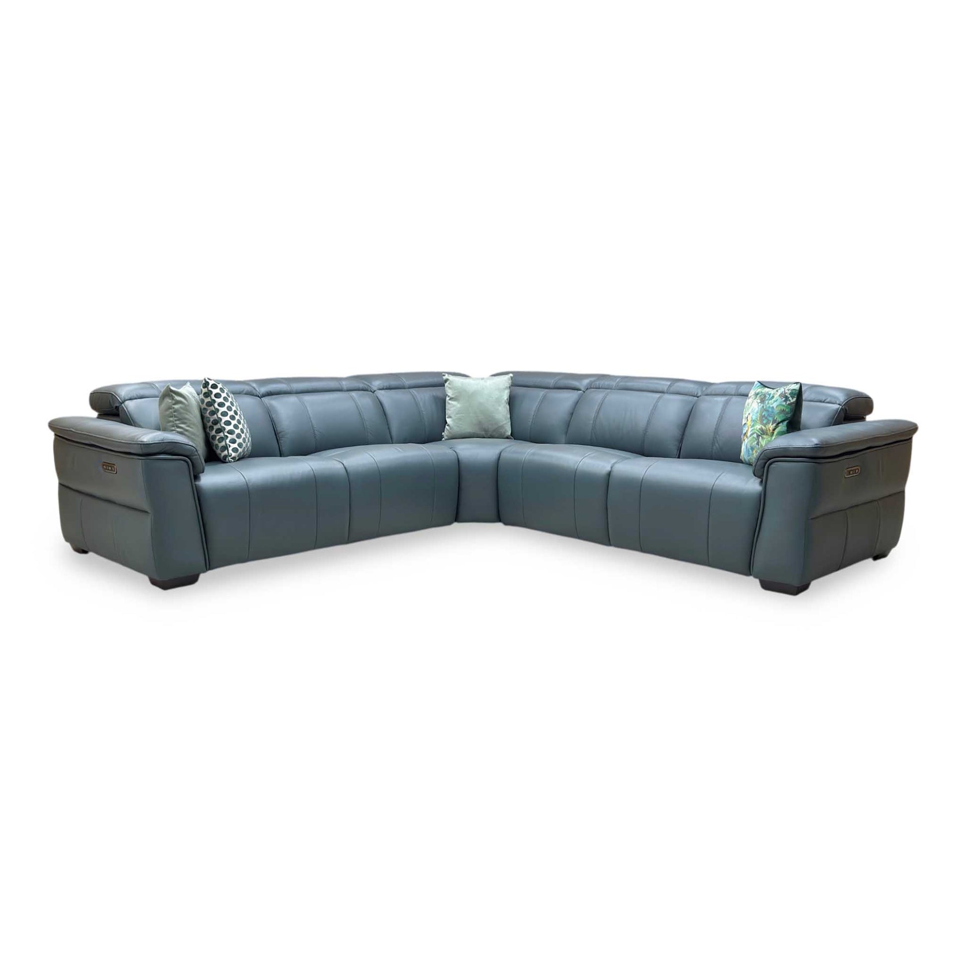 ‘Inca’ Cat-40_09 Peacock Green Leather Large Power Recliner Corner Sofa with Power Headrests Furniture Village